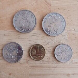 5 Piece Lot Spain 1980/82 World Cup Pesetas Coins Circulated 50 25 5 1
